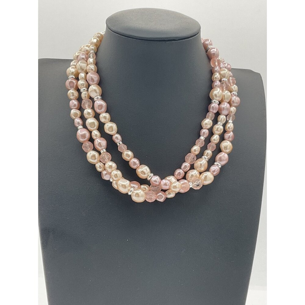 Multi-Strand Pink & Pearl Beaded Necklace With Lobster Clasp & Chain